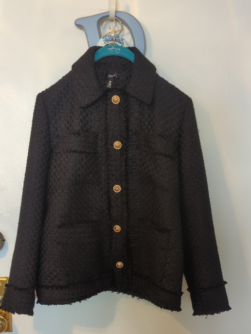 Aqua Black Textured Peacoat with Gold-Tone Buttons